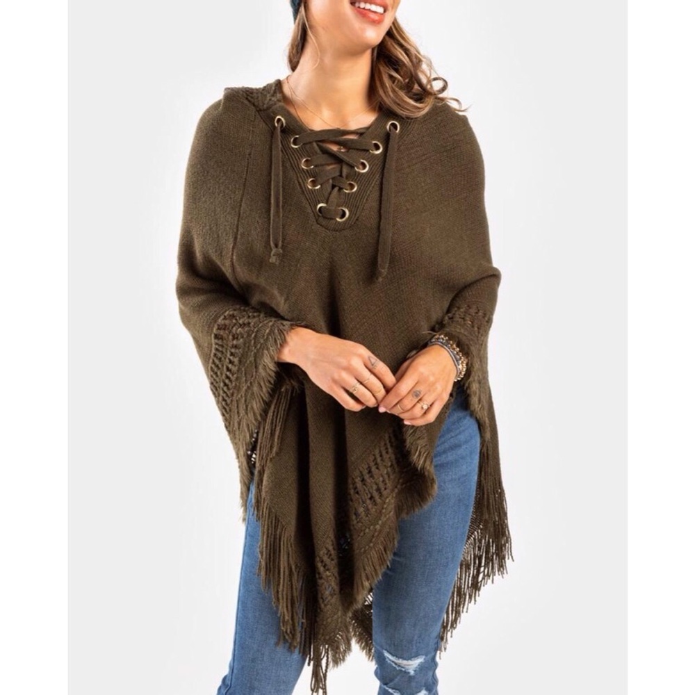 Fringed Hooded Sweater Poncho Olive Green Lace-Up Neckline Boho OSFM